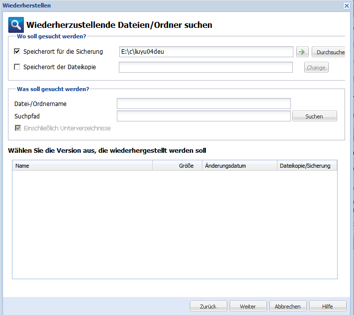 Dialogfeld "Wiederherzustellende Dateien/Ordner suchen"