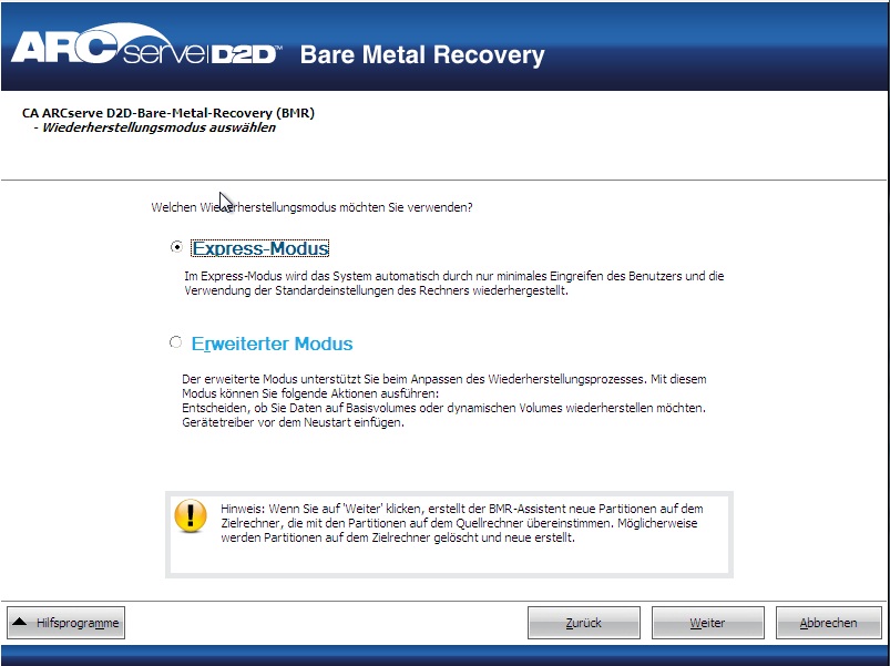 Bare-Metal-Recovery - Dialogfeld "Wiederherstellungsmodus auswählen".