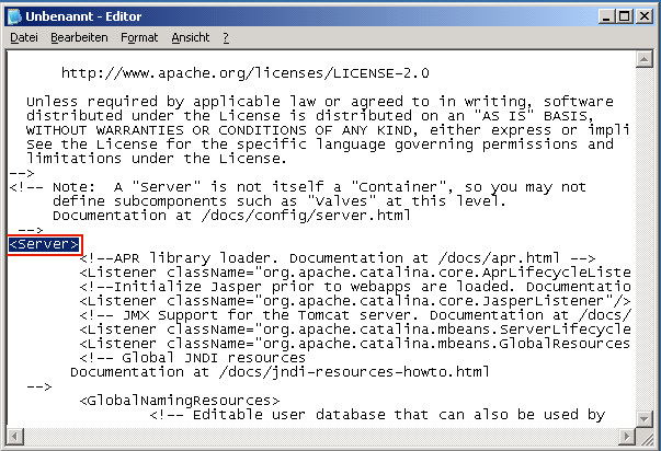 Datei "Server.xml". Das <Server>-Feld wird hervorgehoben.
