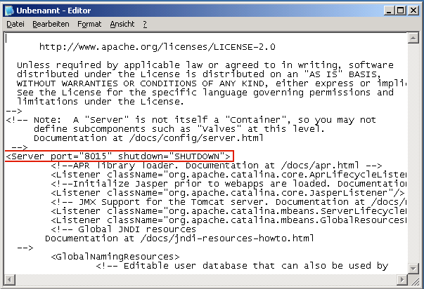 Datei "Server.xml". Das zu ändernde Feld wird hervorgehoben.