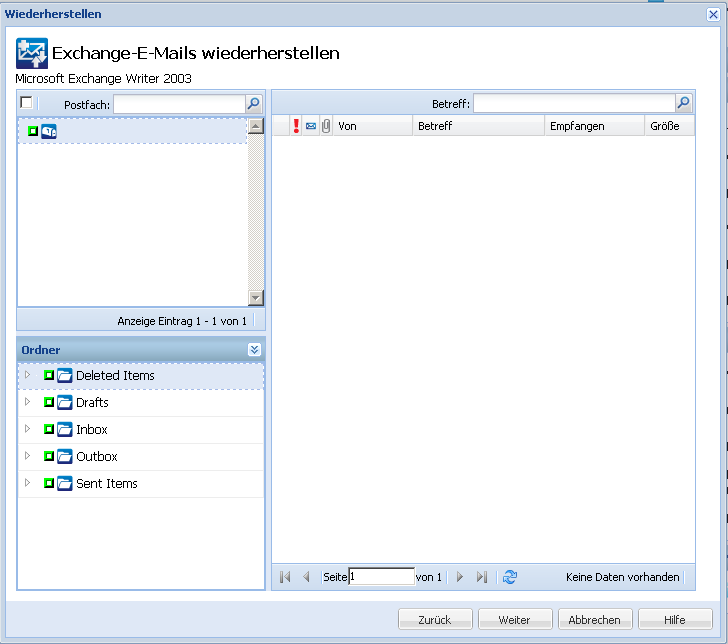 Dialogfeld "Exchange-E-Mails wiederherstellen" mit Details zu den Feldern.