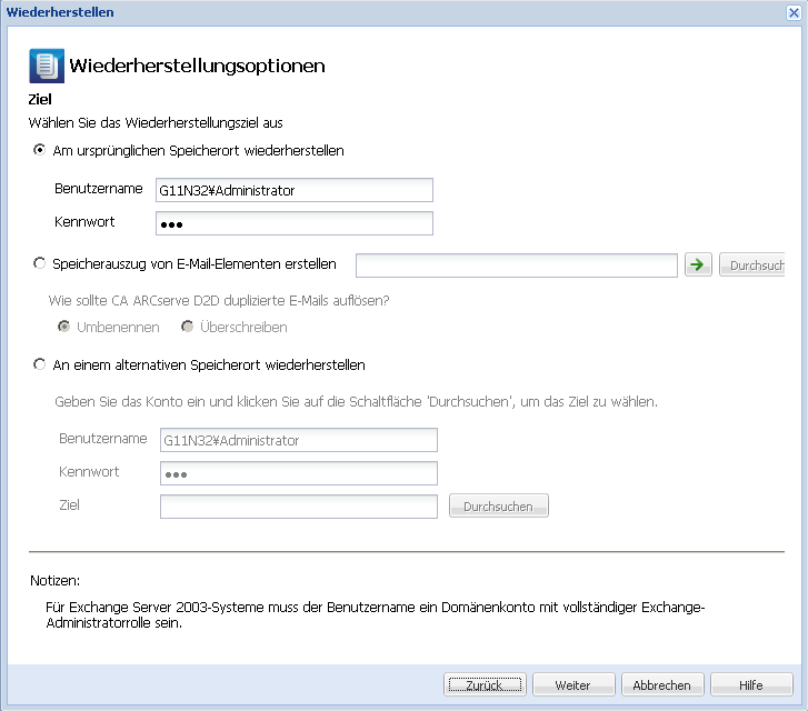 Dialogfeld "Wiederherstellungsoptionen".