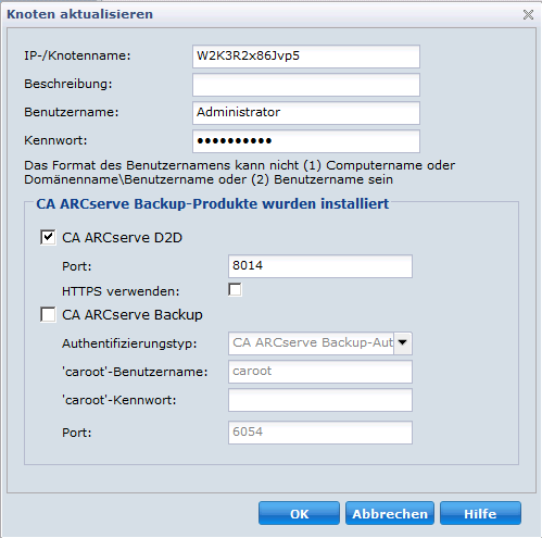 Dialogfeld "Knoten aktualisieren" für Änderungen in CA ARCserve D2D