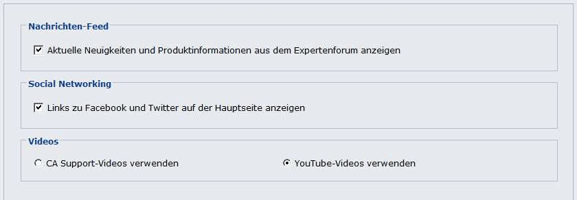 Teil der Anwendung, die die Konfiguration der Voreinstellungen für Social Networking zeigt