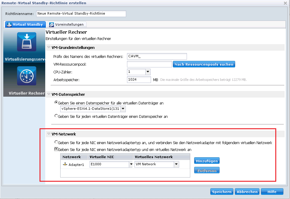 Dialogfeld "Remote-Virtual Standby-Richtlinie bearbeiten". Die Optionen für das VM-Netzwerk sind hervorgehoben.