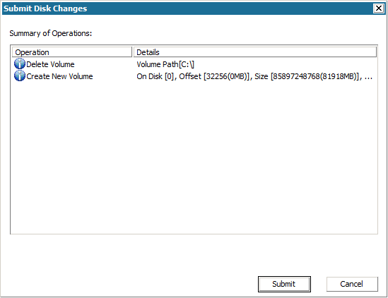 Bare Metal Recovery - Submit Disk Changes dialog.