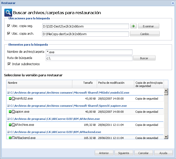 Cuadro de diálogo Buscar archivos/carpetas para restauración