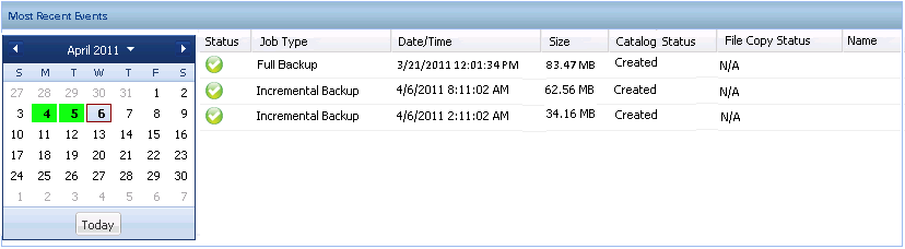 Home Page - Backup History Summary