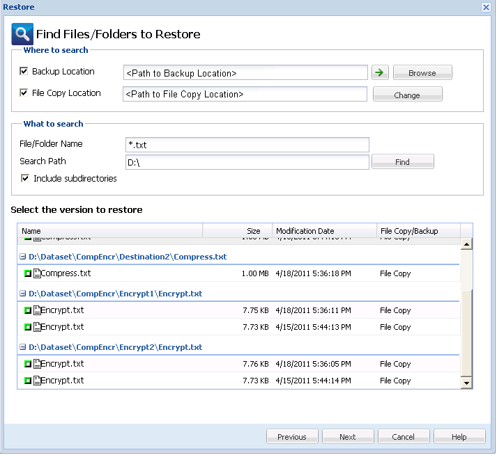 Find Files/Folders to Restore dialog.
