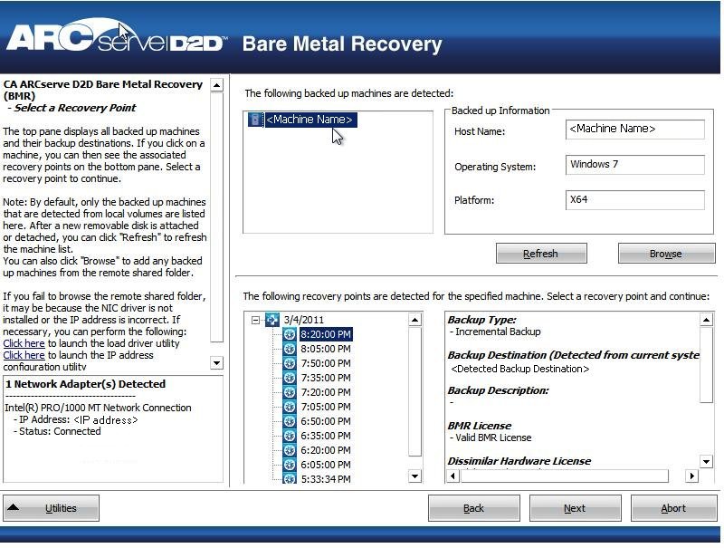 Bare Metal Recovery - Specify a Recovery Point - information populated.