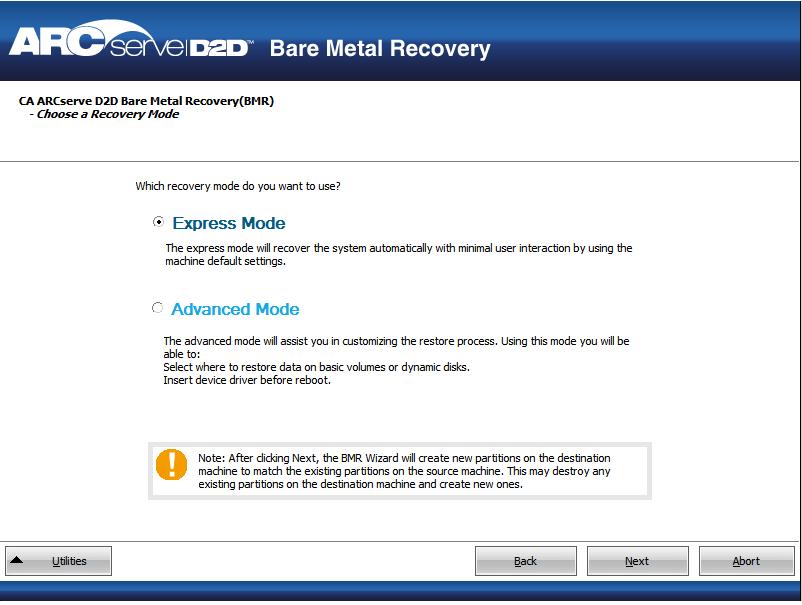Bare Metal Recovery - Specify a Recovery Mode dialog.