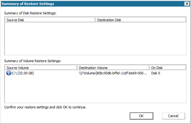 Bare Metal Recovery - Summary of Restore Settings dialog.
