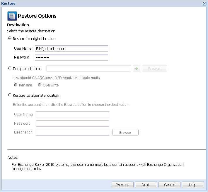 Restore Options dialog.