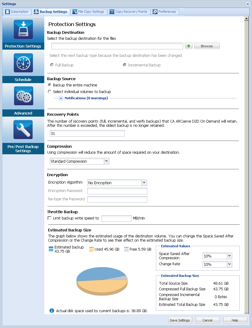 Backup Now - Protection Settings