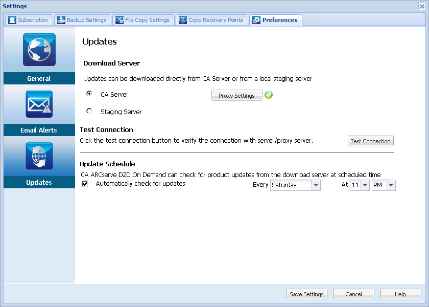 Preference Settings - Updates Dialog