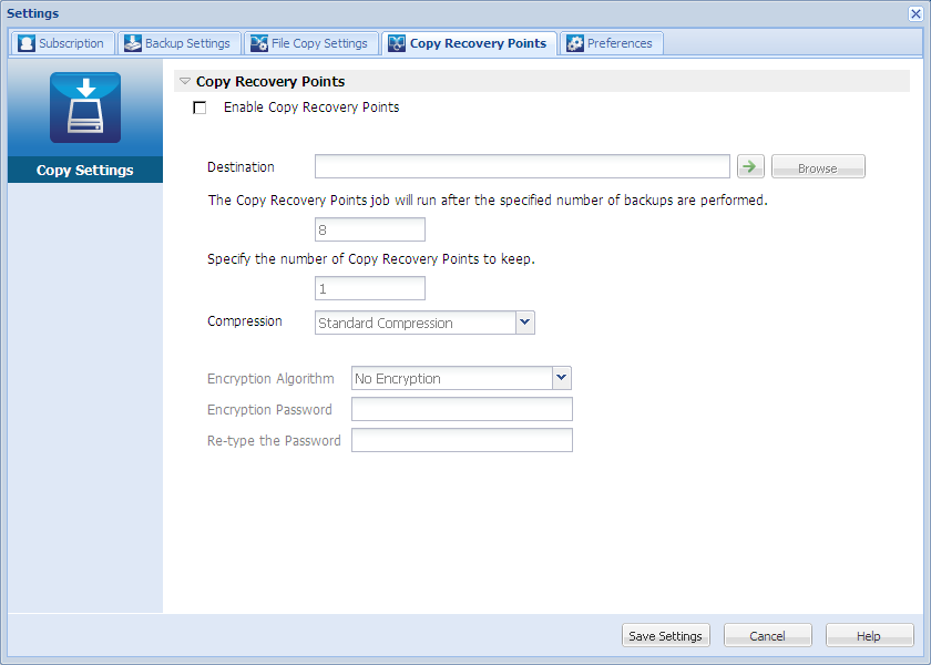 Settings Screen - Copy-Recovery Points
