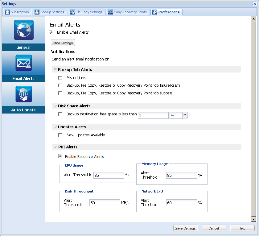 Preferences Settings - Email Alerts Dialog