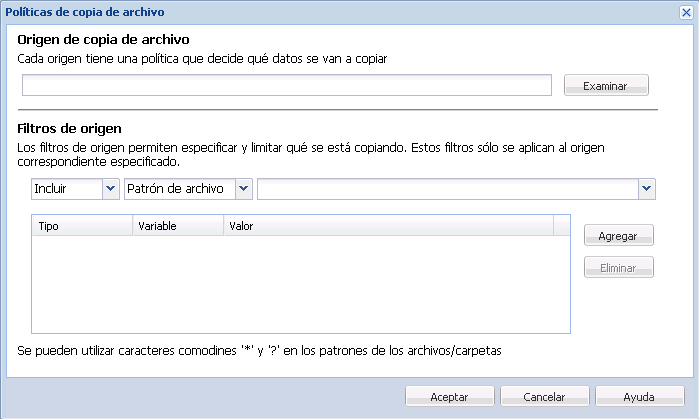 Políticas de copia de archivo - Orígenes y filtros - Copia de archivo