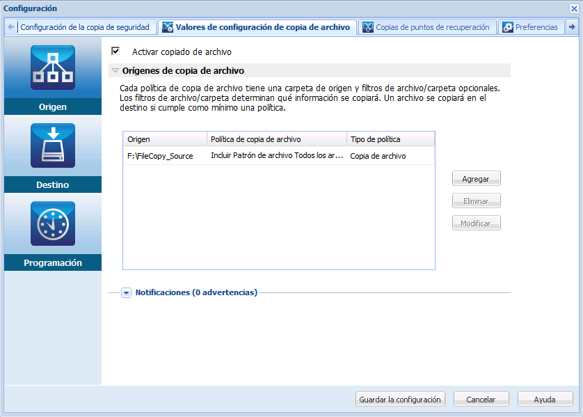 Valores de configuración de copia de archivo - Cuadro de diálogo Origen