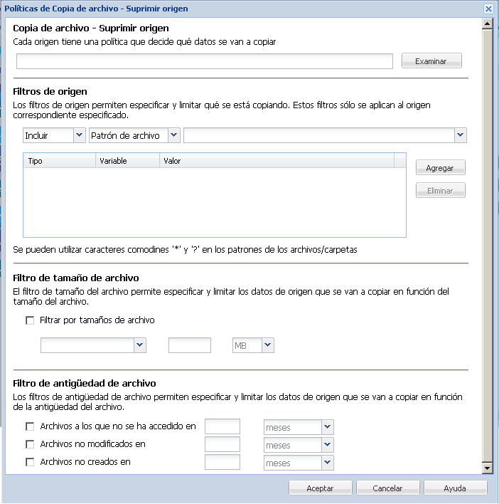Cuadro de diálogo Políticas de Copia de archivo - Suprimir origen