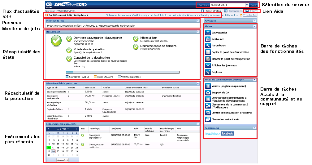 Page d'accueil de CA ARCserve D2D