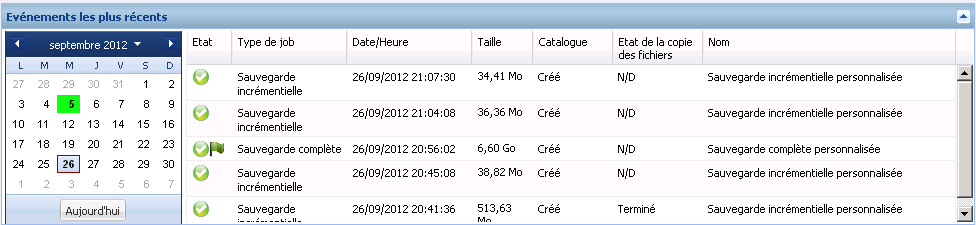 Page d'accueil - Récapitulatif de l'historique de sauvegarde