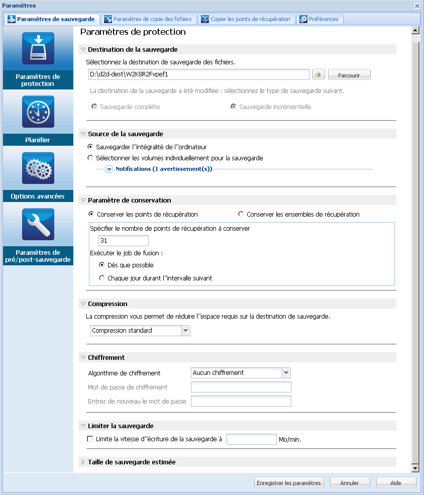 Sauvegarder - Paramètres de protection
