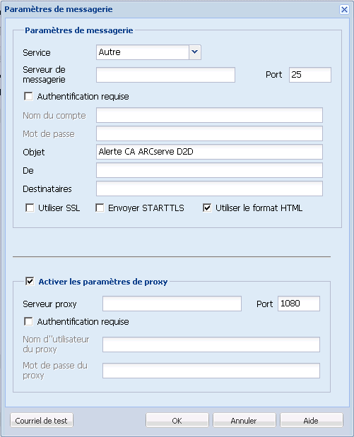 Boîte de dialogue de configuration de la sauvegarde et des paramètres de messagerie