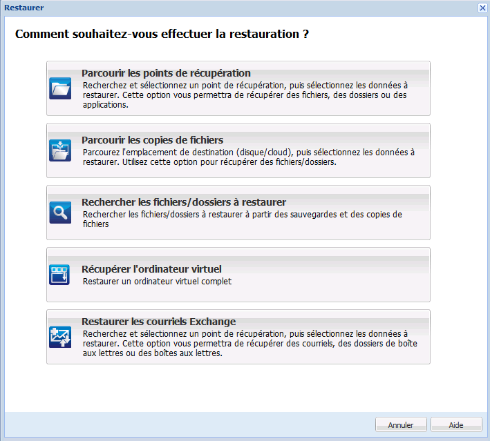 Boîte de dialogue de sélection d'une méthode de restauration