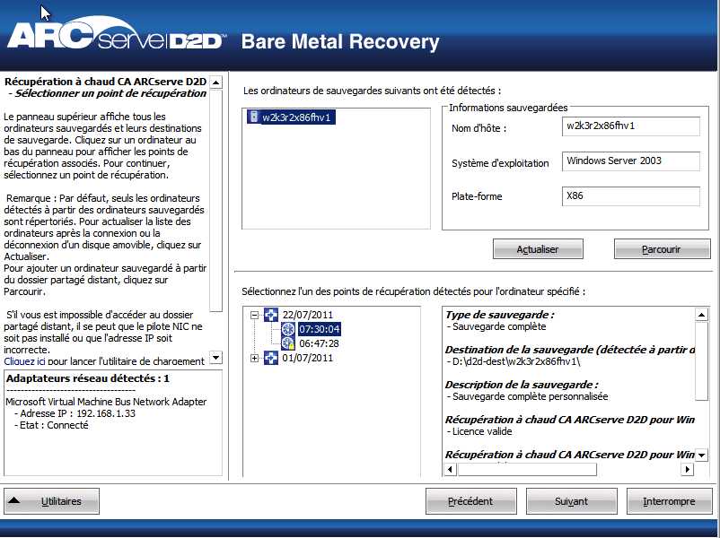 Boîte de dialogue Récupération à chaud - Spécifier un point de récupération