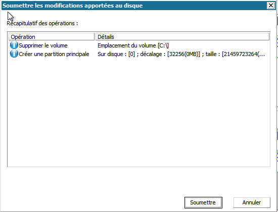 Boîte de dialogue Récupération à chaud - Soumettre les modifications apportées au disque
