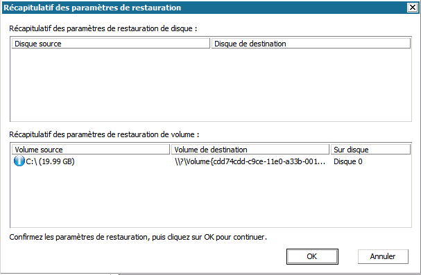 Boîte de dialogue Récupération à chaud - Récapitulatif des paramètres de restauration