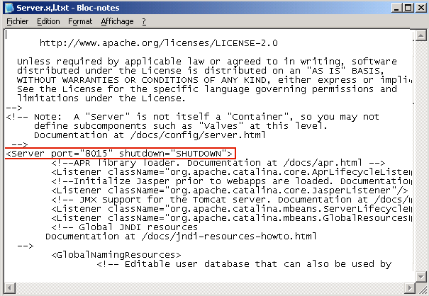 Fichier server.xml. Mise en surbrillance du champ à modifier