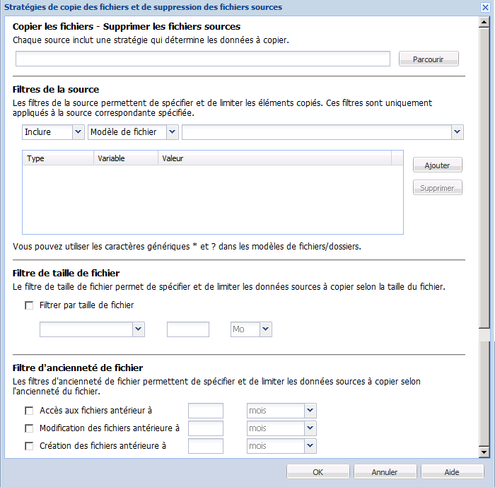 Boîte de dialogue Stratégies de copie des fichiers et de suppression des fichiers sources