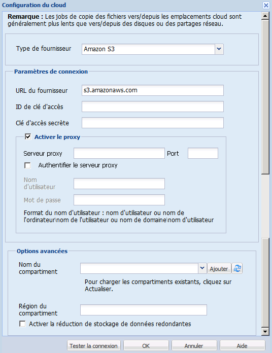 Boîte de dialogue Configuration du cloud - Copie des fichiers