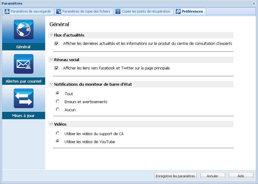 Boîte de dialogue Paramètres des préférences - Général