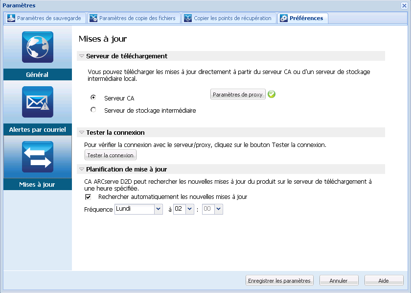 Boîte de dialogue Paramètres des préférences - Mises à jour
