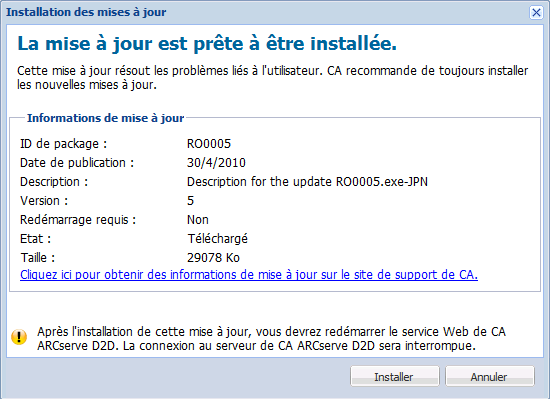 APM cad2d : Boîte de dialogue Informations de mise à jour - W