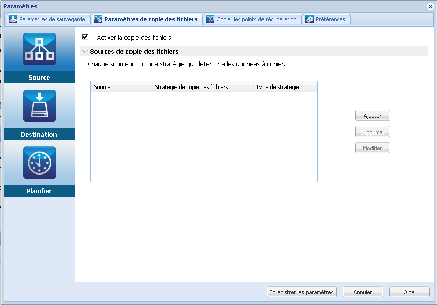 Boîte de dialogue Source - Paramètres de copie des fichiers