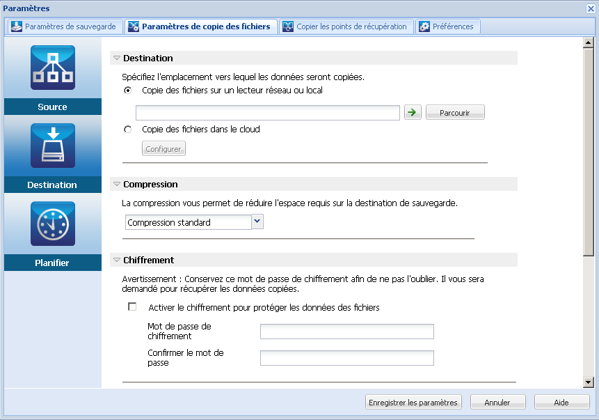 Boîte de dialogue Destination - Paramètres de copie des fichiers