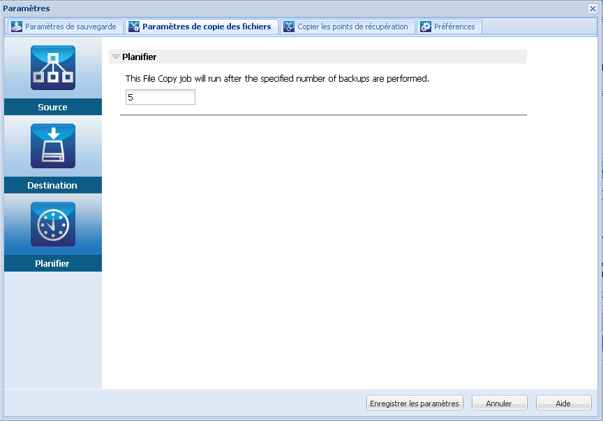Boîte de dialogue Planifier - Paramètres de copie des fichiers