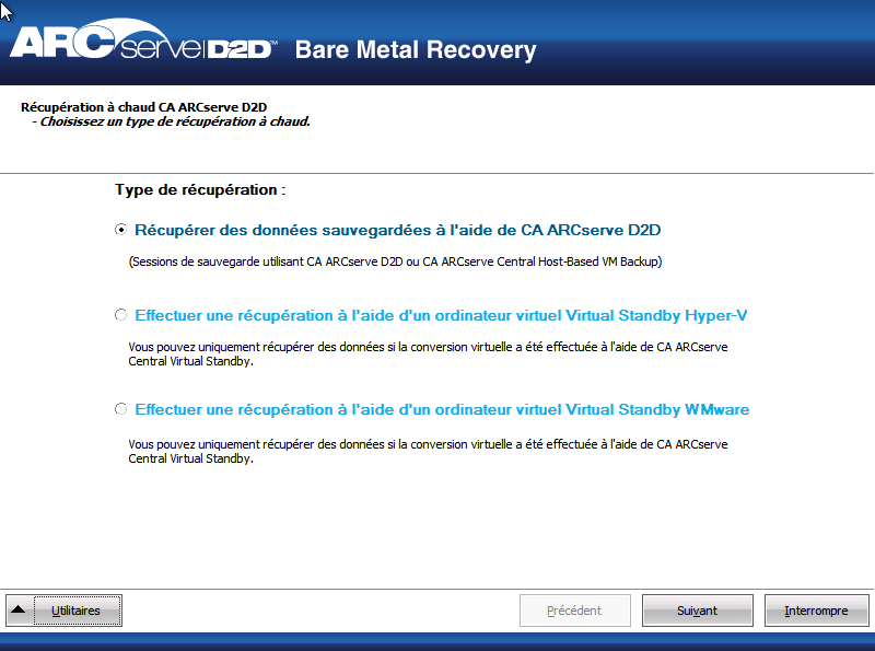 Boîte de dialogue Récupération à chaud - Type de récupération