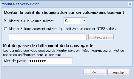 Monter le point de récupération, boîte de dialogue