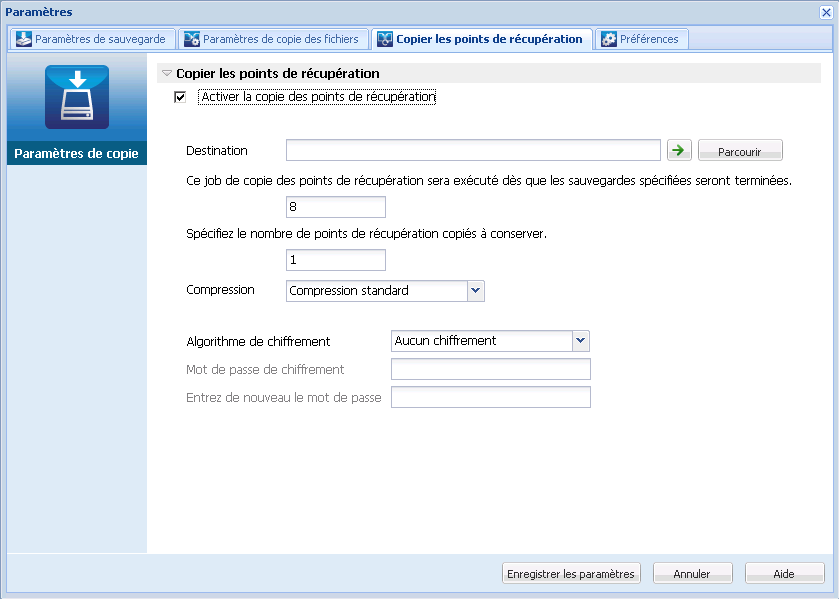 Cette image illustre les options disponibles pour configurer les paramètres de copie des points de récupération.