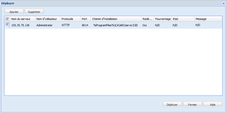 Liste de la boîte de dialogue Déploiement à distance