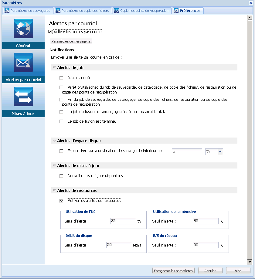Boîte de dialogue Paramètres des préférences - Alertes par courriel