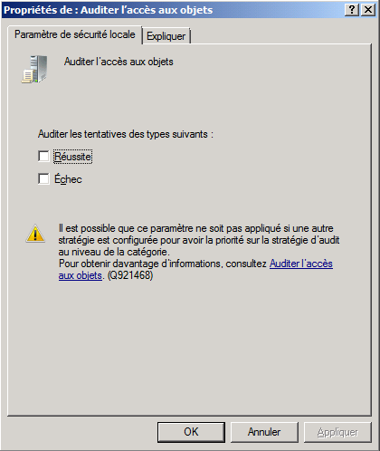 Boîte de dialogue des propriétés Auditer l'accès aux objets