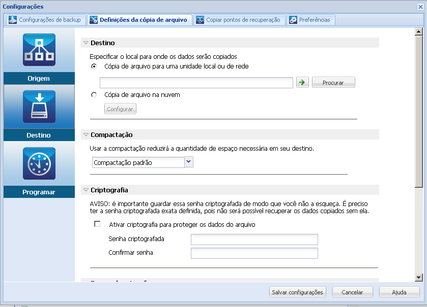 Caixa de diálogo Definições da cópia de arquivo - Destino
