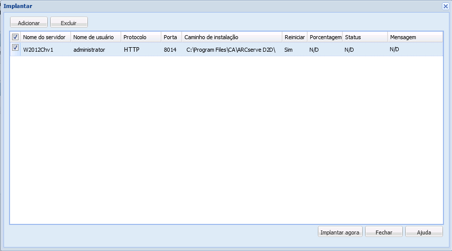Lista da caixa de diálogo Implantação remota