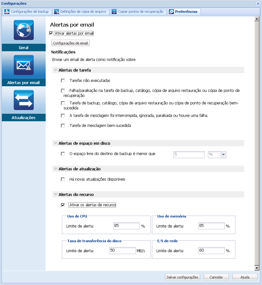 Configurações de preferências - caixa de diálogo Alertas por email